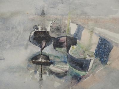 Lucien FLEURY : Bateaux à quai, 1955, Dessin Original Signé 2