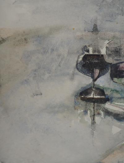 Lucien FLEURY : Bateaux à quai, 1955, Dessin Original Signé 2