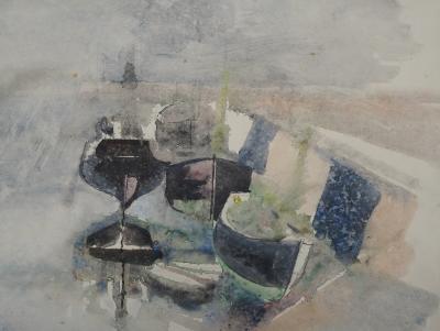Lucien FLEURY : Bateaux à quai, 1955, Dessin Original Signé 2
