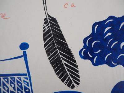 Alekos FASSIANOS : Une plume - Linogravure Originale Signée 2