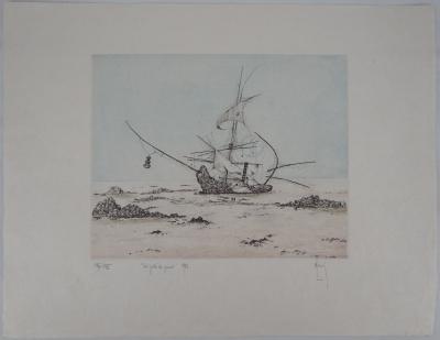 Bernard LOUEDIN : Les grèves du gisant - Original signed engraving 2