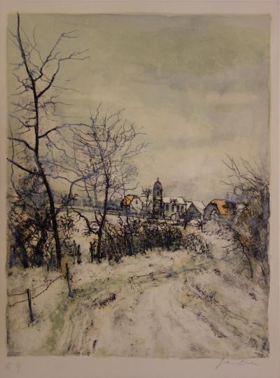 Bernard GANTNER : Village en hiver - Lithographie originale signée 2