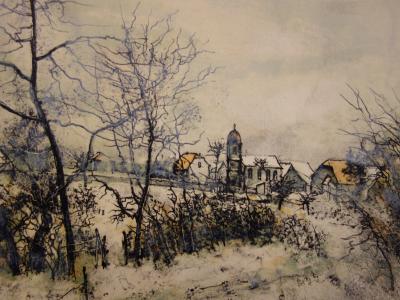 Bernard GANTNER : Village en hiver - Lithographie originale signée 2