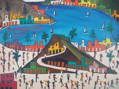 Préfète DUFFAUT : Haiti, Plage animée - Huile sur toile Signée 2