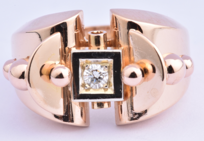 Belle bague Tank rétro en or bicolore 18 carats (750 millièmes) composée d’un diamant taille ancienne de 0.08 carat environ. 2