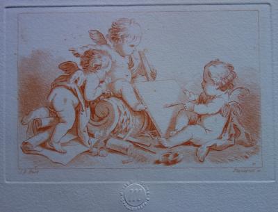 Jean-Baptiste HUET (d’après) : Trois putti jouant avec des arcs et des flèches - Gravure 2