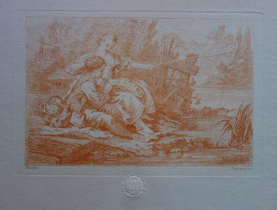 François BOUCHER (after) : Au bord de la rivière - Engraving 2