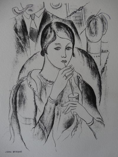 Paul BERQUE : Femme buvant une orangeade - Lithographie originale Signée, 1930 2