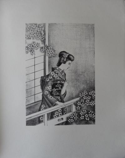 Kiyoshi HASEGAWA : Japonaise à l’éventail - Lithographie originale signée, 1930 2