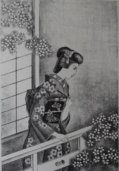Kiyoshi HASEGAWA : Japonaise à l’éventail - Lithographie originale signée, 1930 2