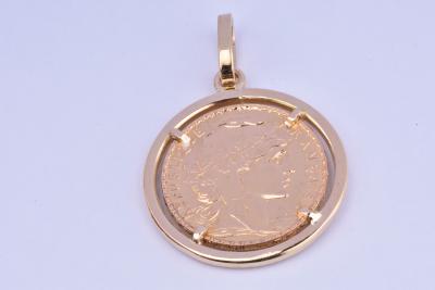 Pendentif médaillon de collection pièce de monnaie  en or jaune 18 carat (750 millièmes). REPUBLIQUE FRANCAISE, 20 Francs 