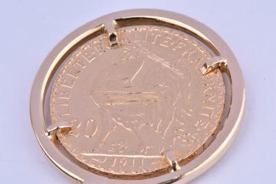 Pendentif médaillon de collection pièce de monnaie  en or jaune 18 carat (750 millièmes). REPUBLIQUE FRANCAISE, 20 Francs 