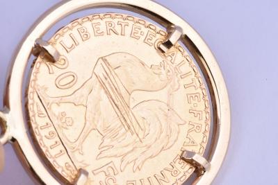 Pendentif médaillon de collection pièce de monnaie  en or jaune 18 carat (750 millièmes). REPUBLIQUE FRANCAISE, 20 Francs 
