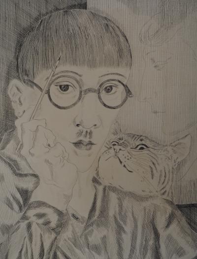 Tsuguharu Léonard FOUJITA Autoportrait au chat  Gravure originale à la pointe sèche 2
