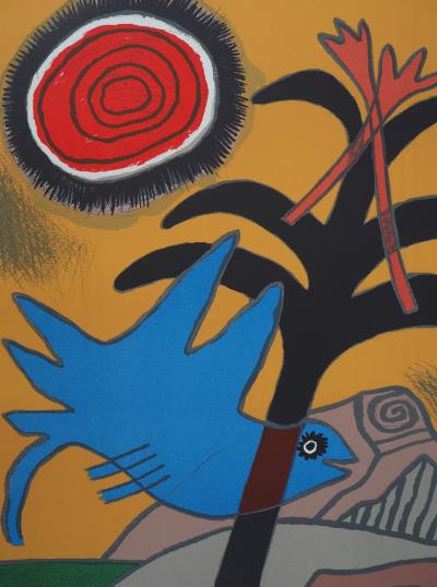 Guillaume CORNEILLE : Nu bleu au palmier, lithographie originale signée 2