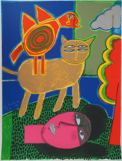 Guillaume CORNEILLE : L’oiseau, le chat et la tête rose - Lithographie Originale Signée 2