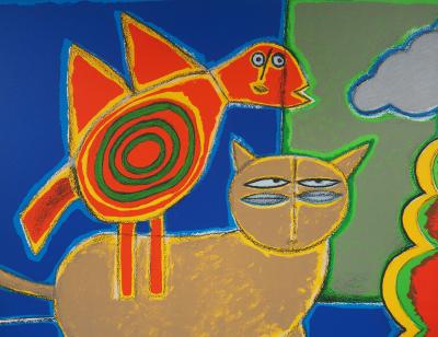 Guillaume CORNEILLE : L’oiseau, le chat et la tête rose - Lithographie Originale Signée 2