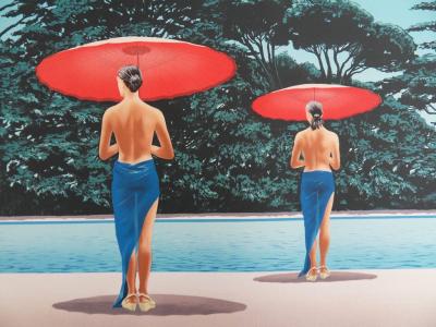 Patrick LE HEC’H - Les parasols rouges - Lithographie originale signée au crayon 2