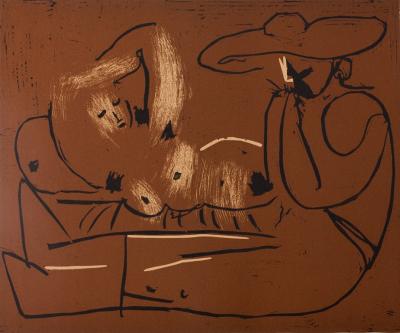 Pablo PICASSO: Reclining Nude and Musician with a Hat - Linocut (1962) 2