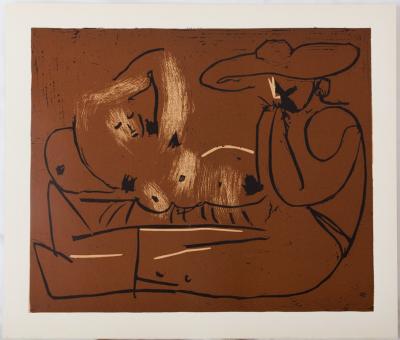 Pablo PICASSO : Nu couché et musicien au chapeau - Linogravure (1962) 2