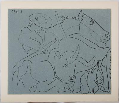 Pablo PICASSO : Taureau désarmant un picador - Linogravure (1962) 2