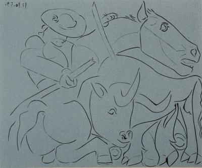 Pablo PICASSO : Taureau désarmant un picador - Linogravure (1962) 2