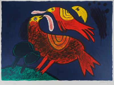 Guillaume CORNEILLE - Oiseaux sous la lune - Lithographie Originale Signée 2