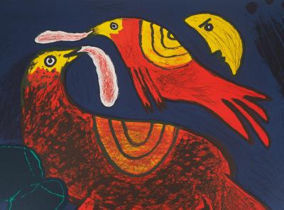 Guillaume CORNEILLE - Oiseaux sous la lune - Lithographie Originale Signée 2