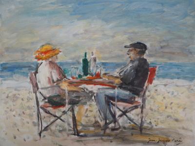 Jean-Jacques RENÉ : Le déjeuner sur la plage - Huile sur toile signée 2