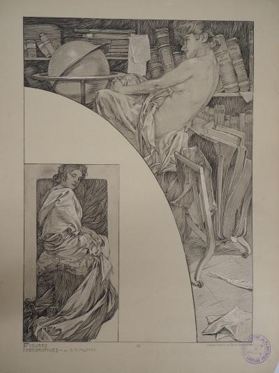 Alphonse MUCHA  - Modèle dans la bibliothèque - Lithographie Signée 2