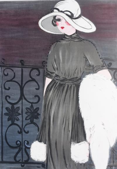 Louise SALOMON -  Elegante sur le balcon - Lithographie originale signée au crayon 2