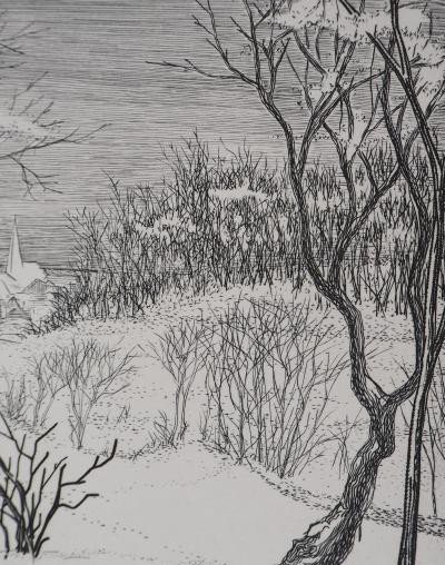Roland BRUDIEUX : Vue du village sous la neige - Gravure Originale Signée 2