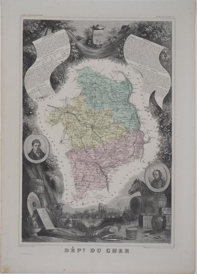 A. PIAT : Atlas ancien, département du Cher - Gravure originale 1869 2