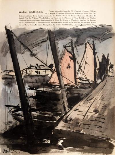 Anders OSTERLIND - Bateaux à quai, 1954 - Aquarelle signée 2