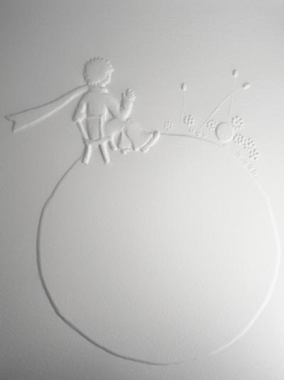 Antoine DE SAINT-EXUPÉRY : Le petit prince regarde le coucher du soleil - Gravure sur bois 2