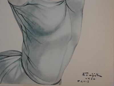 Tsuguharu FOUJITA : Danseuse au foulard rose, Lithographie et pochoir signé 2