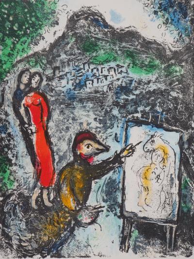 Marc CHAGALL : Couple et artiste devant Saint Jeannet, Lithographie originale 2