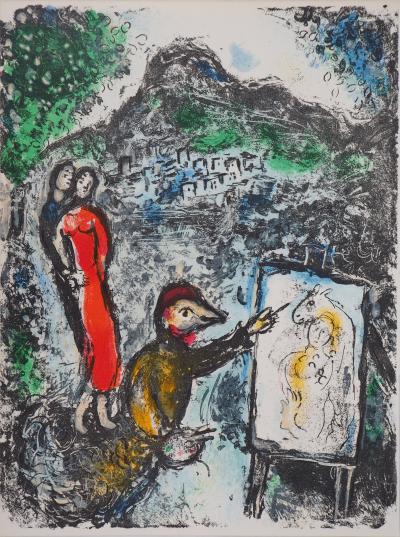 Marc CHAGALL : Couple et artiste devant Saint Jeannet, Lithographie originale 2