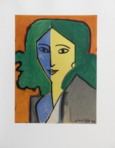 Henri MATISSE (d’après) : Portrait bleu, vert et jaune - Lithographie Signée, 1954 2