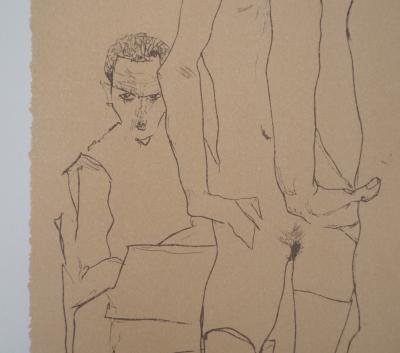 Egon SCHIELE (d’après) : L’esquisse face au miroir - Lithographie Signée 2