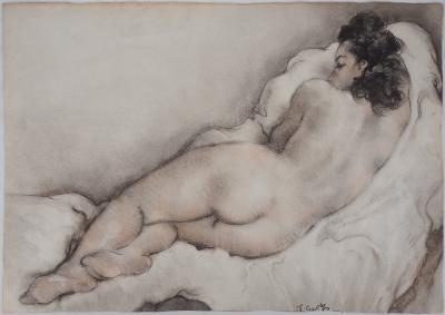 Ecole française XXe siècle -  Femme nue allongée de dos - Dessin Original Signé 2