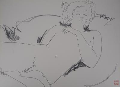 Alain BONNEFOIT - Femme nue allongée - Grand dessin original, Signé 2