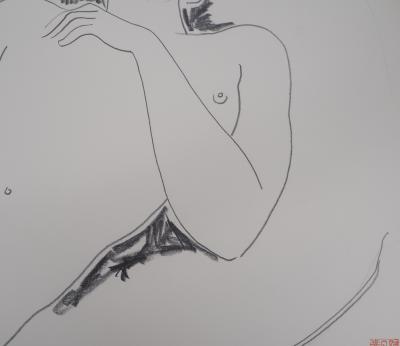 Alain BONNEFOIT - Femme nue allongée - Grand dessin original, Signé 2