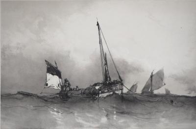 Eugène ISABEY : La barque se hâlant sur une bouée - Lithographie Signée 2