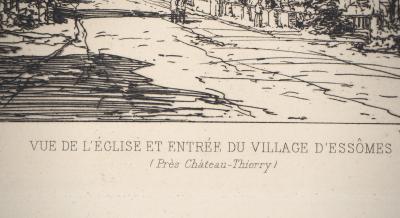 Maxime LALANNE : Vue de l’église et entrée du village d’Essômes - Eau forte Originale Signée 2