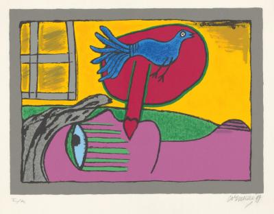 CORNEILLE - Femme allongée et oiseau bleu - Lithographie originale signée par l’artiste 2