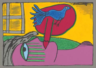 CORNEILLE - Femme allongée et oiseau bleu - Lithographie originale signée par l’artiste 2