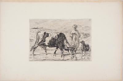 Jules DE LA ROCHENOIRE : Vache à l’abreuvoir - Eau forte Original Signée 2
