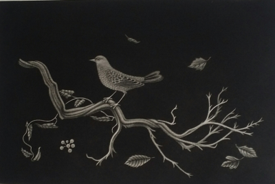 Kiyoshi HASEGAWA - Oiseau sur racine, 1960 - Manière noire signée au crayon 2