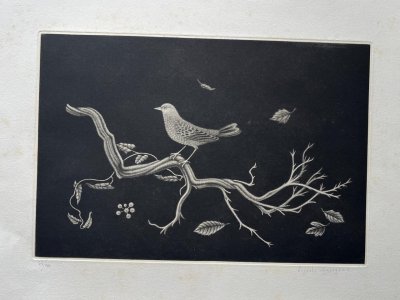 Kiyoshi Hasegawa - Oiseau sur racine, 1960 - Manière noire signée au crayon 2